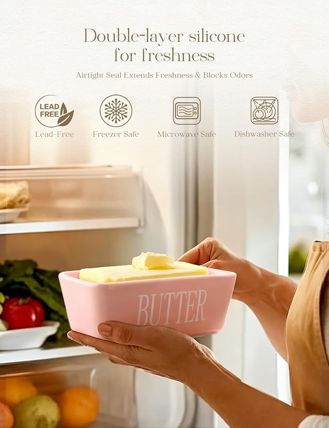 Ceramic Butter Dish with Lid and Knife & Silicone Seal for Countertop Pink | Suitable Capacity, Great Sealing, Home Decor Kitchen Gift Housewarming Gift - Image 3
