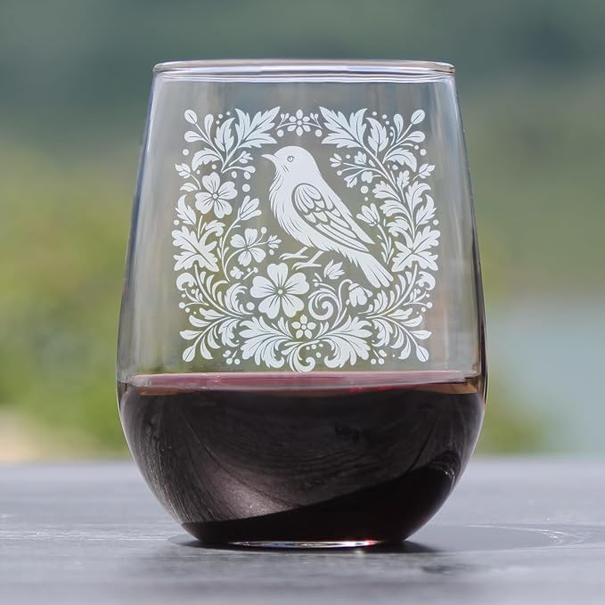 Hand Engraved Bird Stemless Wine Glass, 17oz Etched Botanical Glassware, Folk Art Nature Lover Cottagecore - Image 2