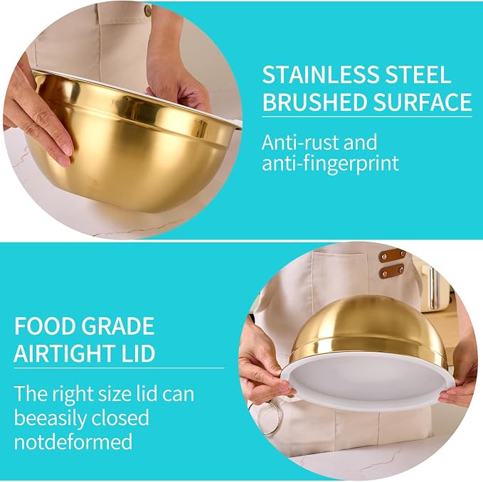 6 Piece Gold Mixing Bowls Set With Lids for Kitchen - Stainless Steel Ideal for Baking, Prepping, Cooking and Serving Food - Nesting Metal Bowls for Space Saving Storage - Image 4
