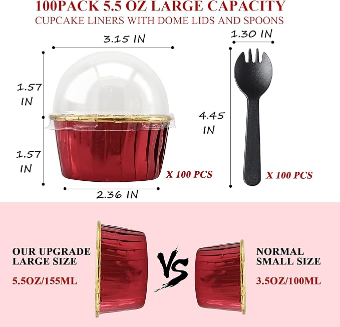 Cupcake Liners with Dome Lids 100 Pack,LNYZQUS 5.5Oz Foil Baking Cups Muffin Tin,Large Cupcake Wrappers Souffle Pudding Ramekin Holders for Christmas Wedding Birthday Party,with Spoons-Red in Gold - Image 3