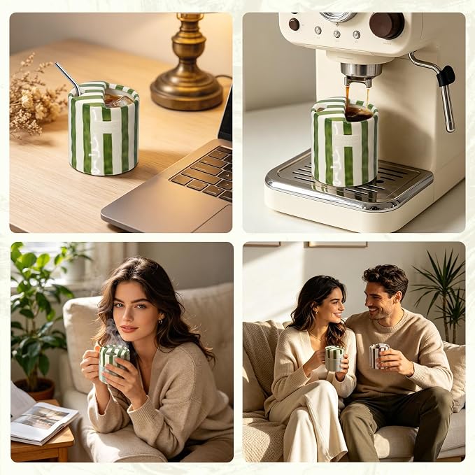 10 oz Ceramic Coffee Mug with Sip Hole & Silicone Sleeve, Green | Cute Hand-Painted Striped Porcelain, Gift for Coffee Lover, Cold & Hot Drinks, Microwave & Dishwasher Safe - Image 3