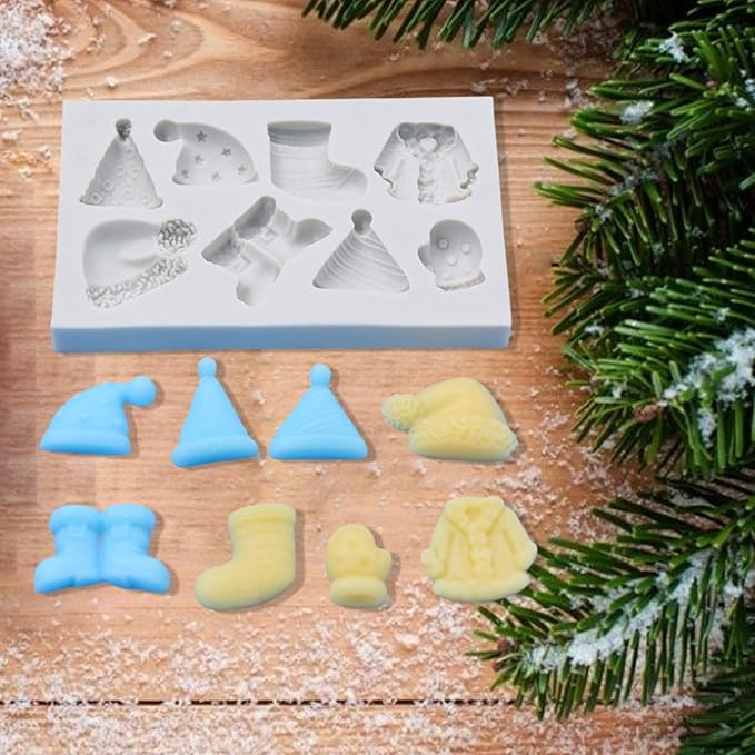 1 Pcs Christmas Silicone Molds for Chocolate Holiday Silicone Mold 3D Christmas Hat Clothes Boots Glove Shape Chocolate Molds for Soap Jello Chocolate Cake Madeleine Candle Molds