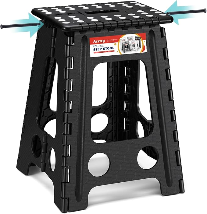 ACSTEP 17.5 Inch Heavy Duty Folding Step Stool for Adults, 400 lbs, Black | Collapsible Stepping Stool for Adults with Handle and Non-Slip Surface, for Kitchen, Garage, Bedroom and Outdoor Tasks by ACSTEP