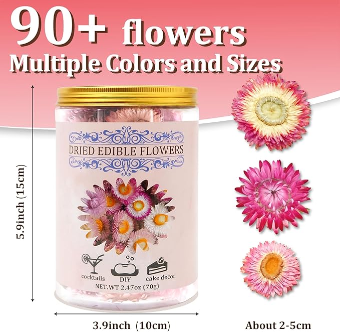 90+ Food Grade Pink Flowers for Cake and Cocktails Decorating – Culinary-Grade Dried Pink & White Strawflowers for Garnish, Baking, and Drink Toppers - Image 4
