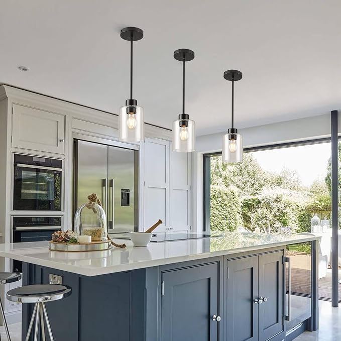 Black Pendant Lights Kitchen Island - Seeded Glass Pendant Light Fixture Multiple Stems Rods 3 Units 12 Inch 3 Units 4 Inch (1 Pack Black Seeded Downrod) - Image 2