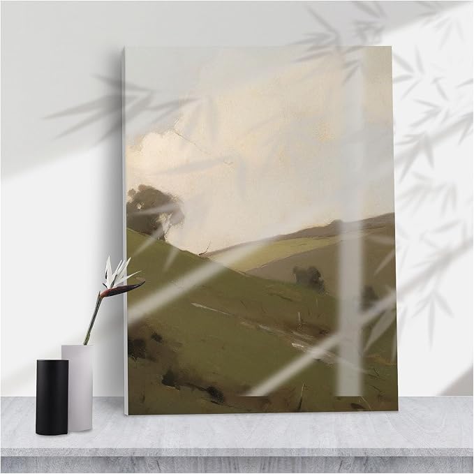Muted Tone Minimalist Rolling Hills Wall Art,Calm Neutral Countryside for Serene Bedroom or Farmhouse Home Decor,16''x24'' Framed Modern Canvas Wall Art by Unknown