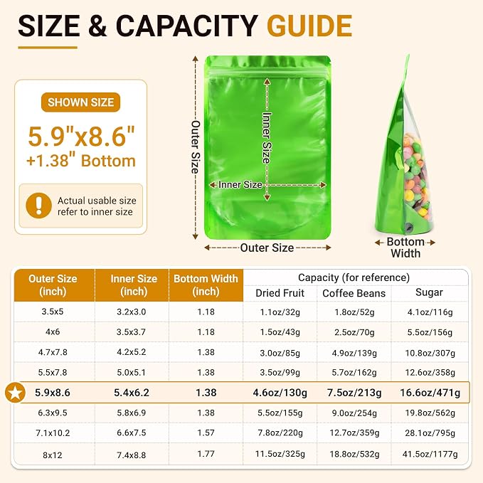 ANZNKU 100PCS Mylar Bags Resealable Small Smell Proof Bags(Green, 5.9x8.6) | Stand Up Foil Pouches Clear Window, Sealable Bags for Small Business Packaging Snack Party Favors Candy Treats Food Storage - Image 2