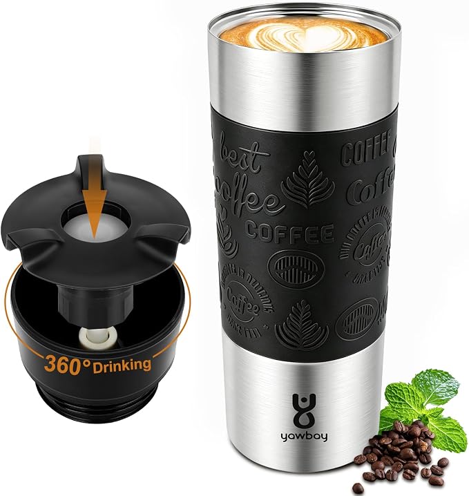 Travel Coffee Mug with 360°Lid, Travel Coffee Tumbler 16 oz Leak Proof, Stainless Steel Insulated Travel Mugs for Hot and Cold Spill Proof Leak Proof(Black) by Yawbay