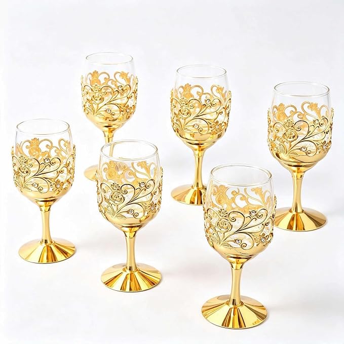 6-Piece Metal-Embossed Glassware Set, European-Style Vintage Metal Wine Glasses, Creative Vintage Spirits Glasses, Elegant Design, Ideal for Home Bars for Whiskey, Cocktails, and More by Unknown