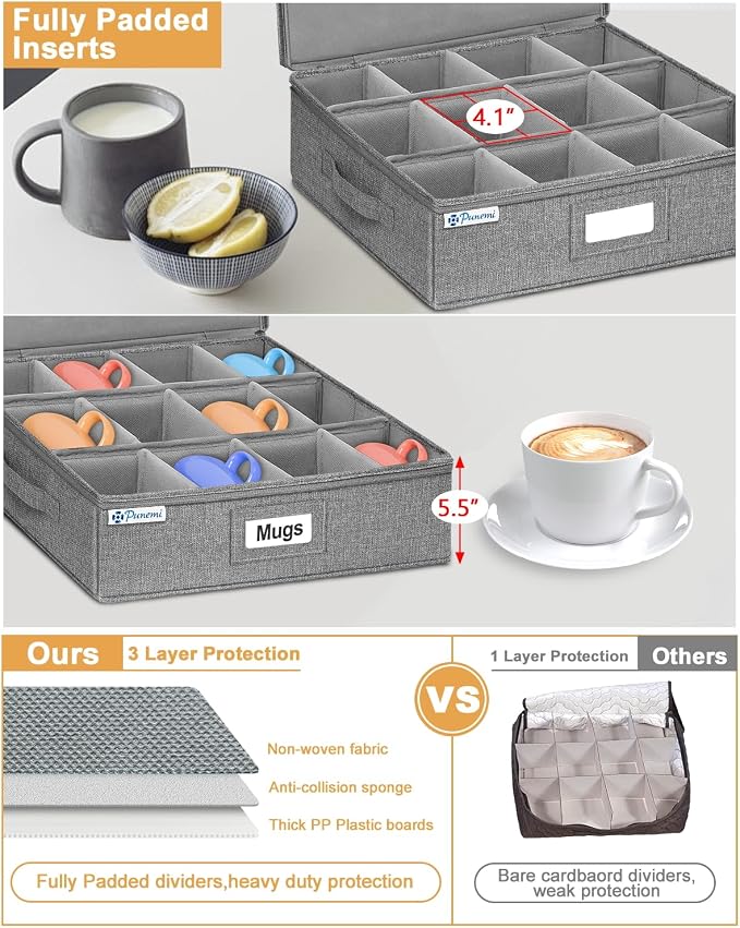 punemi Mug Storage Organizer, 2-Pack Hard Shell Boxes for Packing & Moving | Hard shell sides and bottom with padded dividers for a set of 12 mugs or tea cups; stackable for packing and moving - Image 4