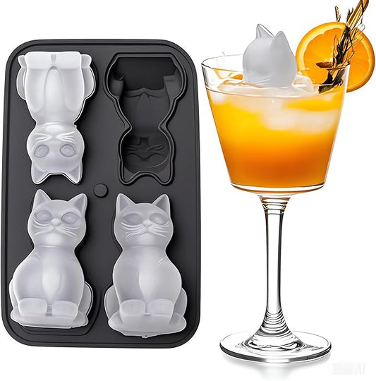3D Cat Silicone Ice Cube Mold with Funnel - Whiskey & Cocktail Ice Trays for Bourbon, Brandy, Fast Freeze BPA-Free, Easy Release Novelty Gift for Men (black)