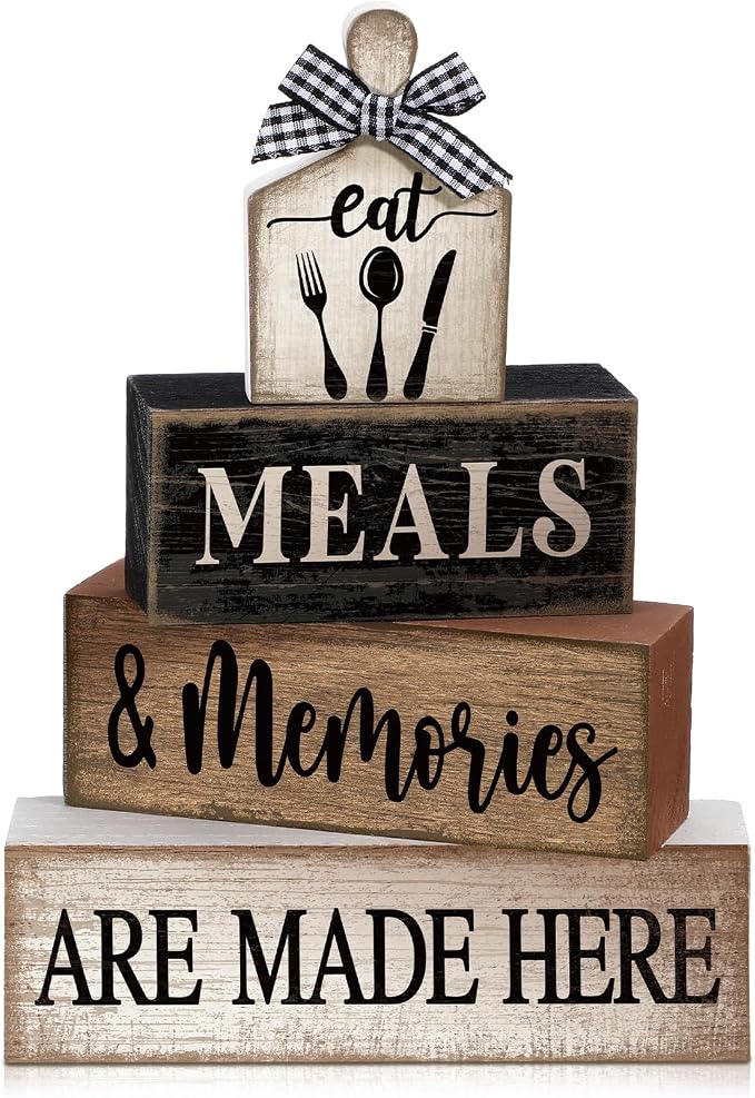 Moucuny 4 Pcs Farmhouse Kitchen Decor Wooden Plate Farmhouse Table Decor Black Brown and White Tableware Centerpiece Rustic Decorative Plates Stacked Block Sign for Display Cabinet Kitchen Decoration by Moucuny