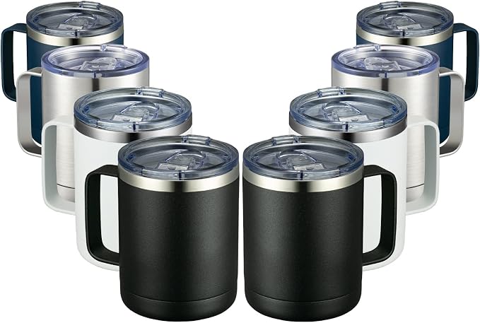 MEWAY 12oz Coffee Mug With Handle 8 Pack Bulk,Stainless Steel Insulated Travel Tumblers With Sliding Lid,Double Wall Vacuum Camping Cup for Hot & Cold Drinks Tea (Multicolor,Set of 8) by MEWAY