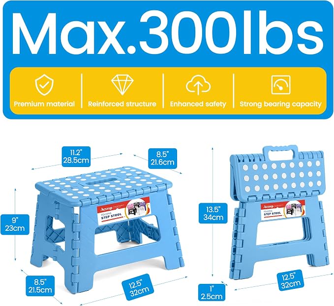ACSTEP 9 Inch Folding Step Stool for Kids and Adults, Holds 300 lb, Blue | Heavy Duty Foldable Stools, Lightweight, Non-Slip, for Toddler, for Kitchen Bathroom Bedroom Outdoor, Collapsible with Handle - Image 4
