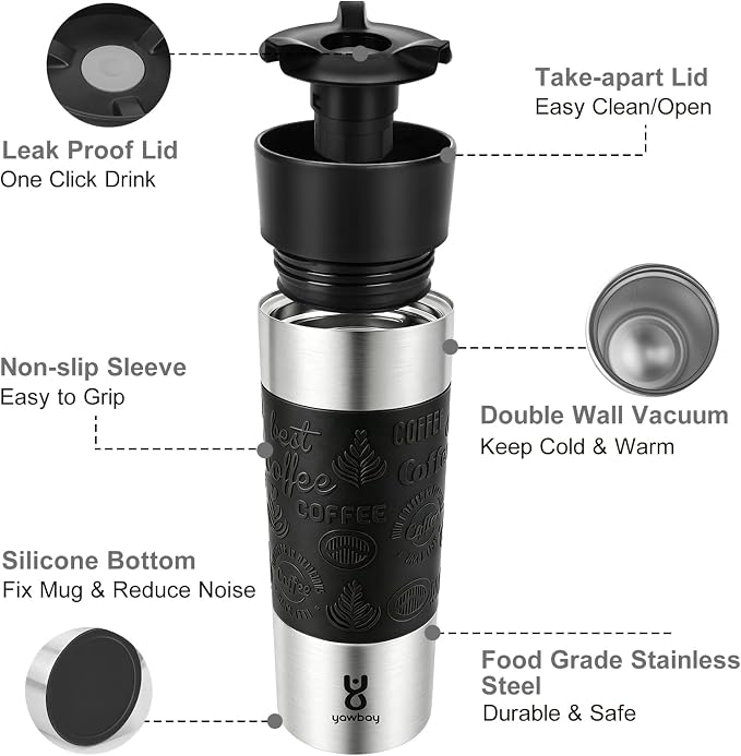 Travel Coffee Mug with 360°Lid, Travel Coffee Tumbler 16 oz Leak Proof, Stainless Steel Insulated Travel Mugs for Hot and Cold Spill Proof Leak Proof(Black) - Image 7