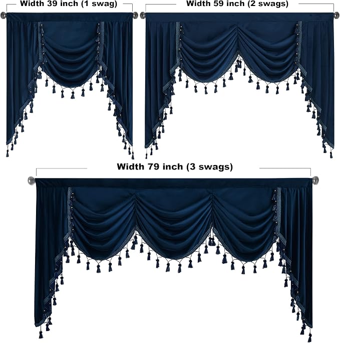 Navy Blue Waterfall Velvet Valances Curtains W59 inches, 1 Panel | Rod Pocket Waterfall Valance, Thermal Curtain Tiers, Vintage Style Match Home Decoration for Bathroom, Bay, French Door - Image 4