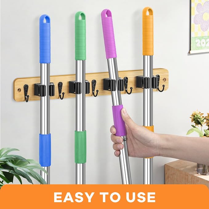 IMILLET Broom Holder Wall Mount, Rustic Broom Hanger for Laundry Room | Broom and Mop Organization and Storage, Mop Holder for Home Decor,Garden,Garage,Closet,4 Racks and 5 Hooks - Image 2