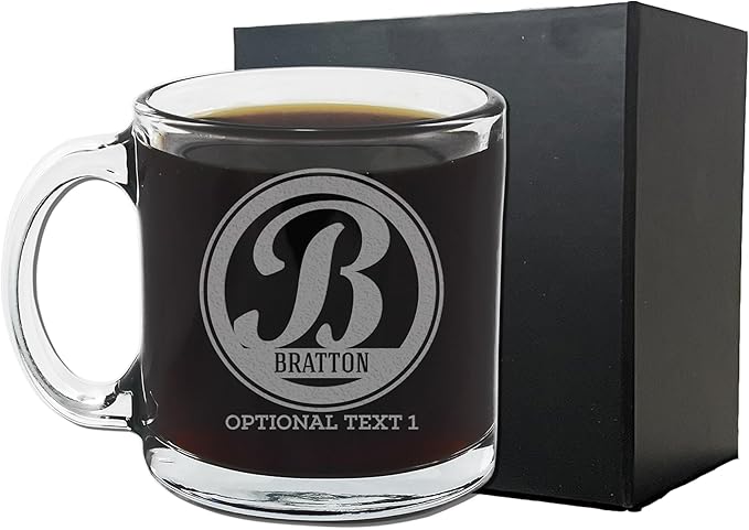Personalized Etched Monogram 12oz Glass Coffee Mug, Bratton, Customized gifts for Her Him, Unique Monogrammed Cup Initial