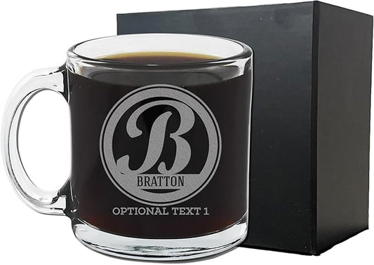 Personalized Etched Monogram 12oz Glass Coffee Mug, Bratton, Customized gifts for Her Him, Unique Monogrammed Cup Initial