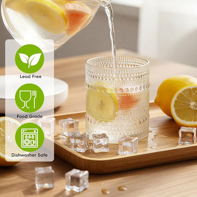 Moretoes Hobnail Drinking Glasses Set of 12 | Cocktail Glasses Vintage Glassware, Textured Glass Cups Bubble Glasses Water Glasses Old Fashion Jupiter Glasses Set (Clear) - Image 4