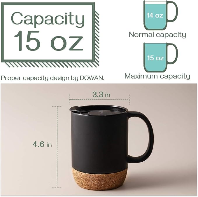 DOWAN Coffee Mugs Set of 2, 15 OZ Coffee Cup with Cork Bottom and Splash Proof Lid, Ceramic Mug Set with Large Handle for Men, Women, for Coffee Tea Latte, Matte Black - Image 3