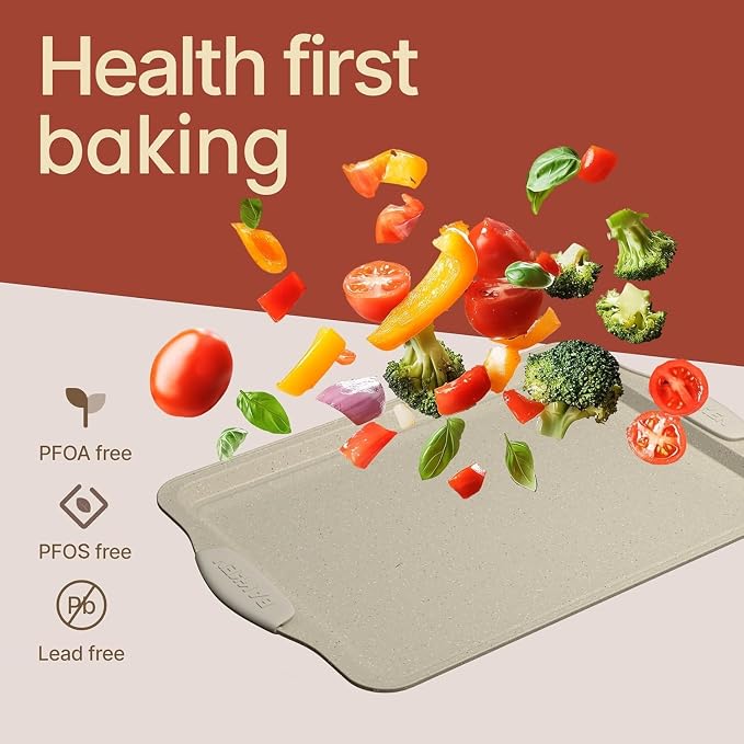 Set of 3 Nonstick Carbon Steel Baking Sheet Pans, White Marble Finish Oven Safe Bakeware Trays, Dishwasher Safe Stackable Easy Clean for Cookies, Pastries & Roasting - Image 6