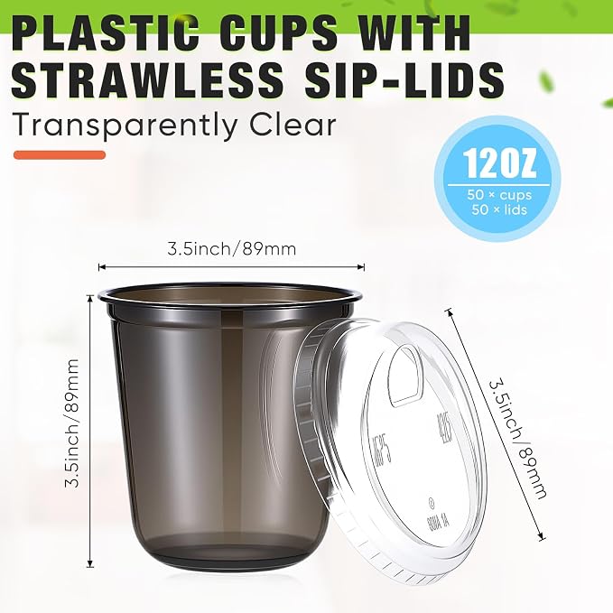 Ziliny 50 Sets Clear Plastic Coffee Cups with Sip Lids, Disposable Plastic PET Crystal Cups for Iced Coffee, Smoothie, Cold Beverage, Drink Shops and Party Catering(Black,12 oz) - Image 3