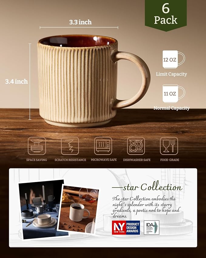 famiware Coffee Mug Set for 6, Star 12 oz Catering Mugs Cup Set with Handle for Coffee, Tea, Cocoa, Milk - Ceramic Stoneware Drinkware Set, Cream Cocoa - Image 6