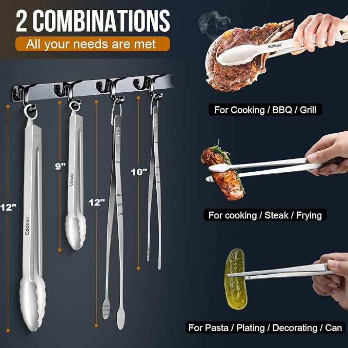 Tongs For Cooking Up To 600°F Metal Kitchen Tweezers Tongs 12", 9 in | Heat Resistant 600 Degrees, Heavy Duty Stainless Steel Cooking for Food, Grill, BBQ, Dishwasher safe Set of 4 - Image 2