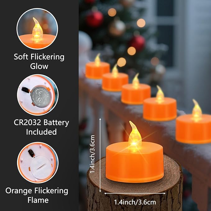 Tea Lights Battery Operated Candles LED Tea Lights Flameless Candles 200+ Hours Flickering Fake Tealights for Sweetest Day Wedding Home Decorations Party (Orange Base, 24 Pack) - Image 3