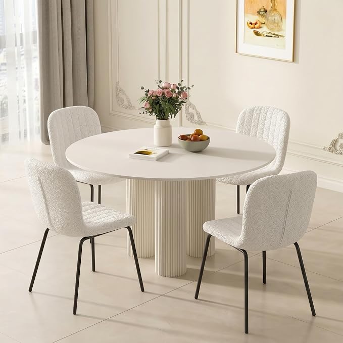 Dining Chair Set of 4, Boucle Kitchen Chairs for Small Spaces, White | Black Metal Legs, Curved Backrest, Fabric Upholstered, Modern Comfort for Dining Room, Space-saving, Restaurant & Cafe - Image 2