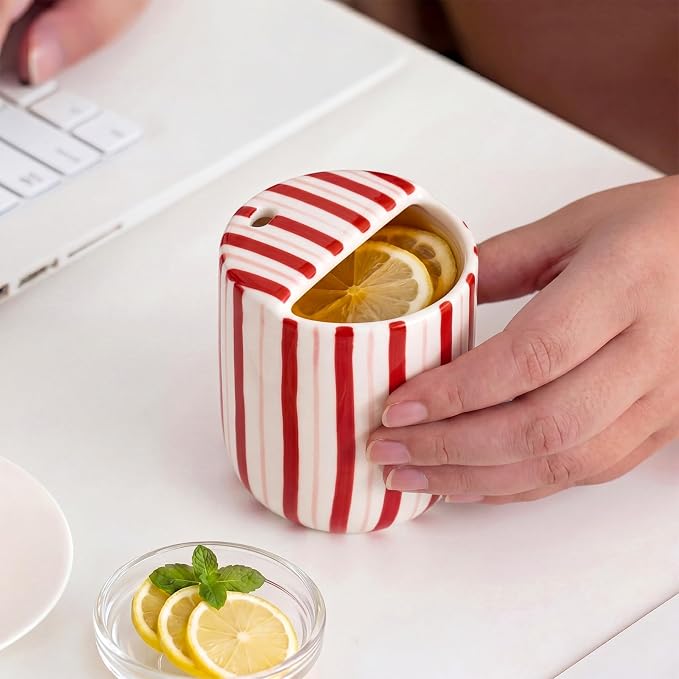 Ceramic Mug with Sip Hole 10 oz Novelty Red Striped Ceramic Coffee Mug Hand Painted Travel Mugs Heat Resistant Non Slip Built in One Lid Handcraft Mugs for Coffee Lovers Appreciation Gift - Image 6