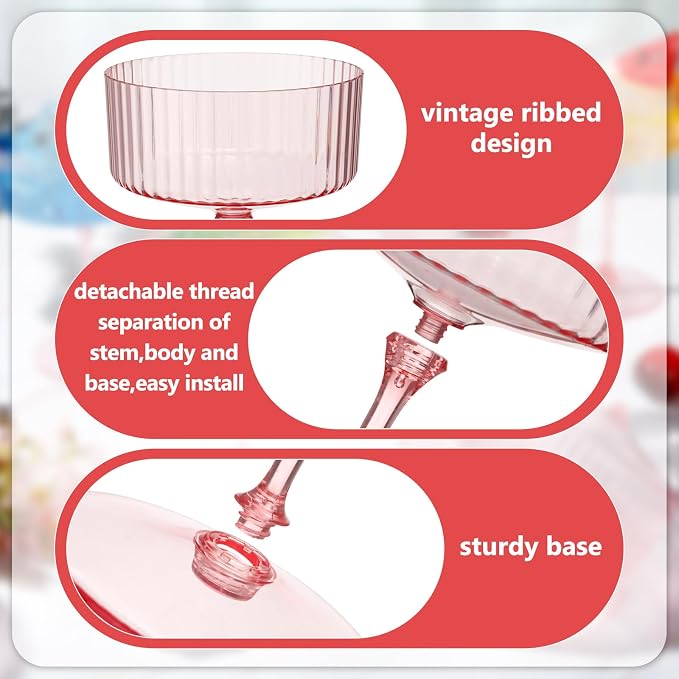 Jingmore 24 Pcs Ribbed Martini Glasses 10 oz Disposable Plastic Vintage Ribbed Coupe Glasses Unbreakable Dessert Parfait Glassware for Wedding Birthday Party Supplies (Pink) - Image 4