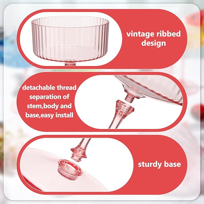 Jingmore 12 Pcs Ribbed Martini Glasses 10 oz Disposable Plastic Vintage Ribbed Coupe Glasses Unbreakable Dessert Parfait Glassware for Wedding Birthday Party Supplies (Pink) - Image 4