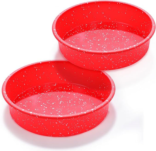 SJ 8 Inch Silicone Round Cake Pan with Metal Reinforced Frame Set of 2, Nonstick Silicone Cake Mold for Baking Suitable for Making Layers, Cheese & Chocolate Cakes - Red