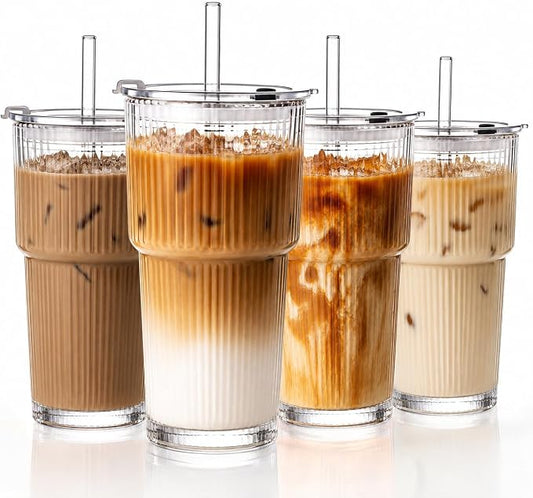 20oz Iced Coffee Cups with Lids, Ribbed Glass Cups with Lids and Straws | Thick Reusable Glass, Leak-Resistant Lids, Fits Most Car Cup Holders, For Iced Coffee, Tea, Smoothies and Cold Drinks by GOSCHE