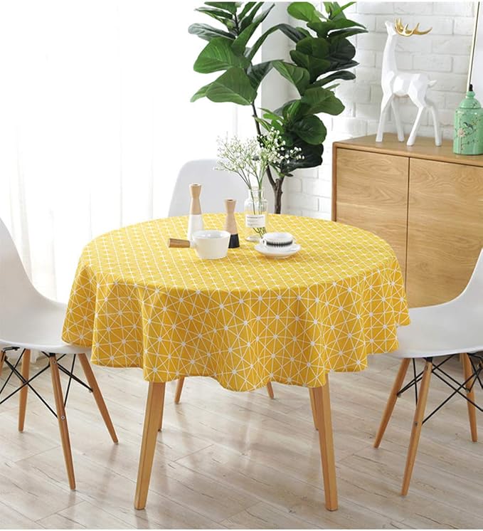 meioro Yellow Boho Table Cloth Round Cotton Linen Nordic Twill Tablecloths Wrinkle Free Fabric Checkerboard Stripe Table Cloths Rustic Cover for Kitchen Dining Party Outdoor Picnic(Round 39 Inch) - Image 2