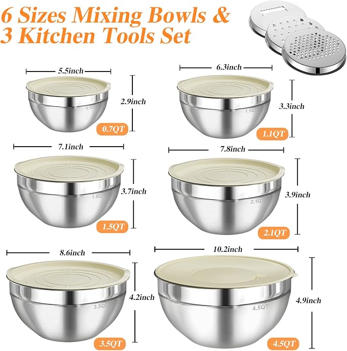 Mixing Bowls with Lids Set, 6 PCS Stainless Steel Mixing Bowls with 3 Grater Attachments, Kitchen Food Storage Organizers Nesting Mixing Bowl, Large Size 4.5, 3.5, 2.1, 1.5, 1.1, 0.7QT - Image 5