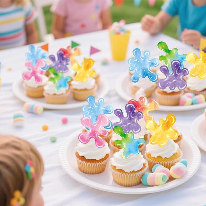 60 Pieces Edible Slime Cupcake Toppers for Colorful Painted Slime Cupcake Decorations for Slime Themed Birthday Party Art Themed Party Supplies - Image 4