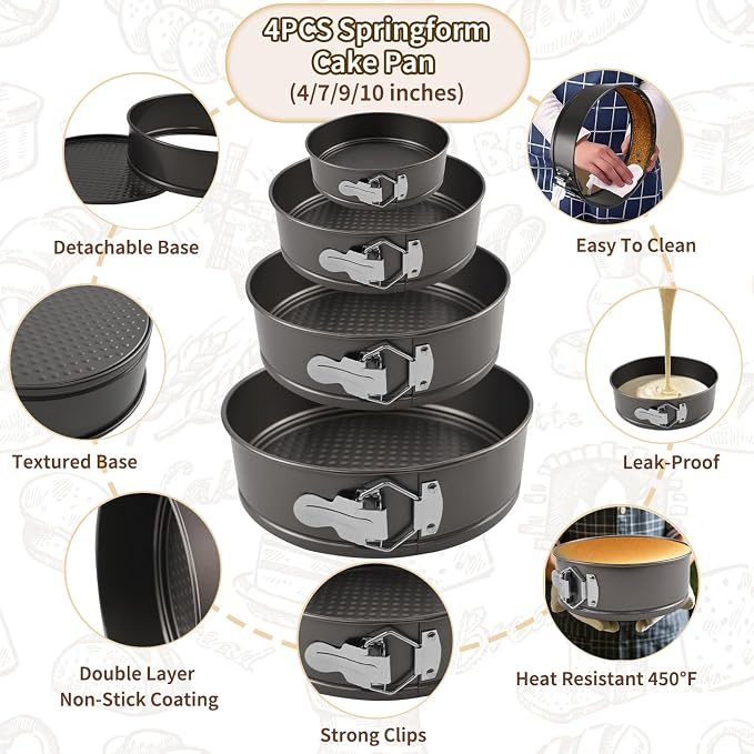 4, 7, 9, 10 Inches Springform Cake Pan Set, Spring Form Pans for Cheesecake, Nonstick Round Baking Pan Set with Silicone Protector, Parchment Paper, Icing Scrapers - Image 3