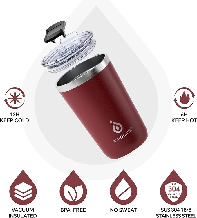Ideus 20 oz Tumbler, Travel Coffee Mug with Splash Proof Sliding Lid, Double Wall Stainless Steel Vacuum Insulated Coffee Mug for Home and Office, Keep Beverages Hot or Cold, Blood Red - Image 2