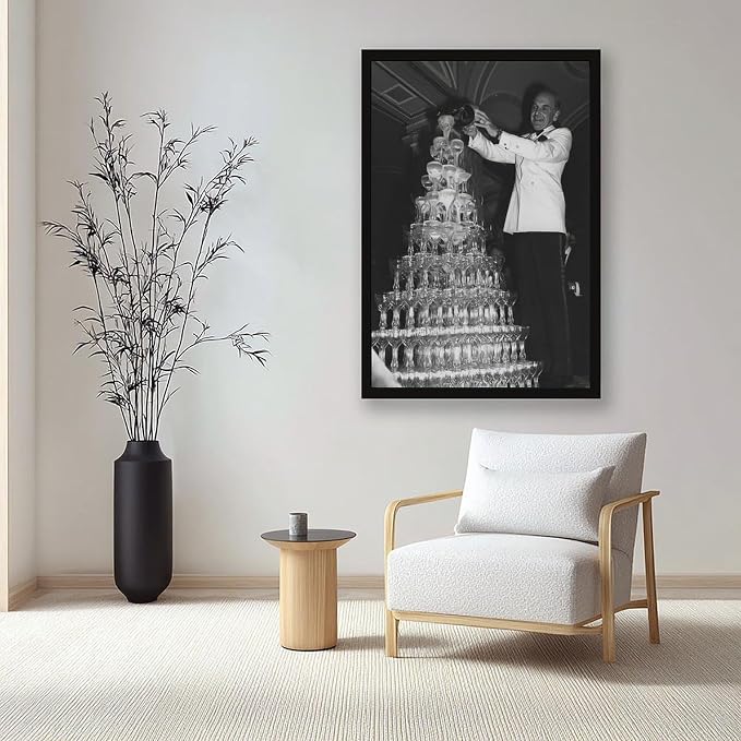 Champagne Tower 1920s, Pouring Over Stacked Glasses Black And White , Alcohol Poster, Bar Cart , Retro Wall Decor Canvas Poster Bedroom Decor Sports Landscape Office Room Decor Gift Black Frame 20x30i - Image 7