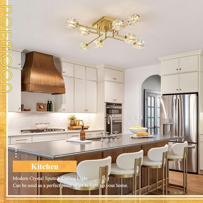 8-Light Gold Sputnik Chandeliers Modern Crystal Semi Flush Mount Ceiling Light Fixture L 31.5" Industrial Chandelier for Living Room Dining Room Foyer Entryway Kitchen Bedroom - Image 7