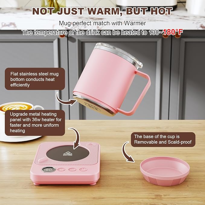 Felibeaco Coffee Mug Warmer & Mug Set for Desk, Smart Coffee Cup Warmer with 16oz Heated Mug, Cup Heater with Auto Shut Off for Office/Home, Coffee Gifts for Women/Men/Dad on Father‘s Day, Pink - Image 2