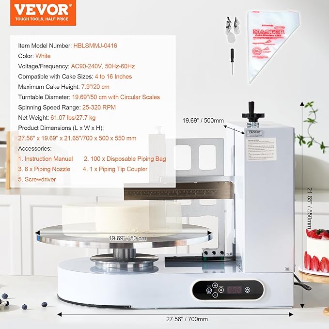VEVOR Cake Decorating Machine, Cake Cream Spreading Coating Smearing Machine, Low Noise Cake Frosting Machine, Turntable with Adjustable Scraper, for 4" to 16" Cake, 25-320RPM Rotating Speed, White