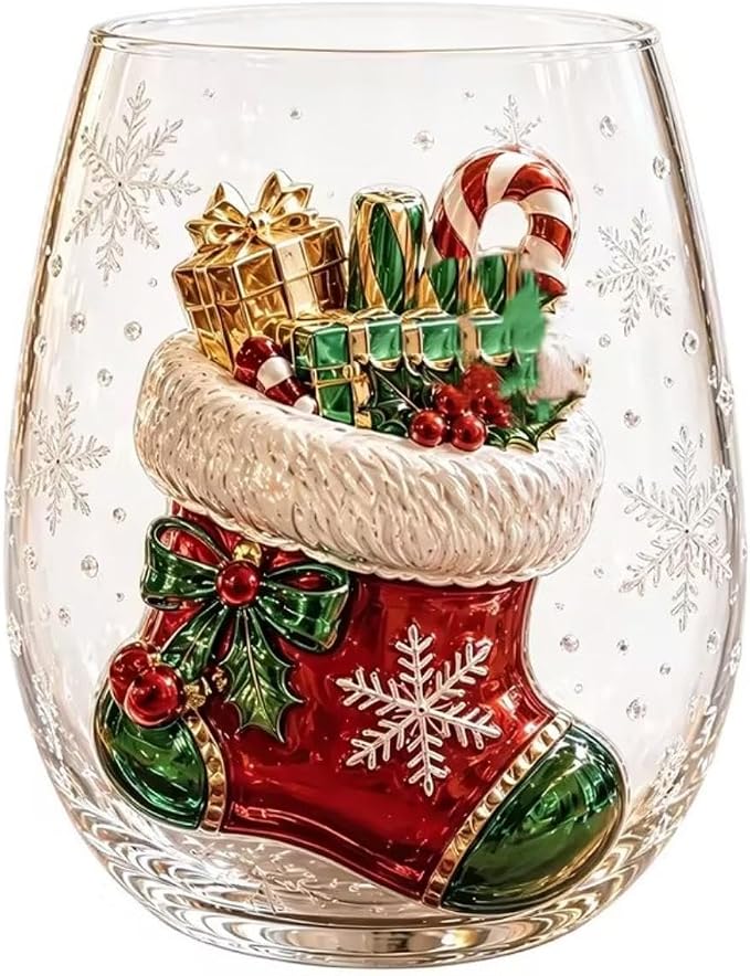 3D Christmas Glass Art Cup, Luxury Raised Holiday Glassware Collection | Cute Festive Stemless Wine Glasses,Artistic Holiday Table Ornaments,Perfect Christmas Home Decor Gifts for Various Beverages by Unknown