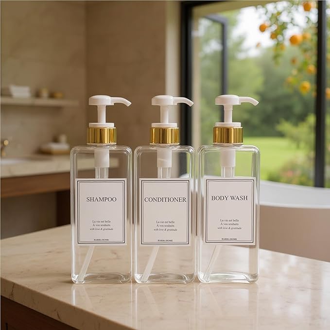 Modern Gold Design Large 27 oz Shampoo and Conditioner Dispensers - Plastic Refillable Pump Bottle Set for Bathroom Shower Soap Dispenser, Includes 6 Waterproof Labels, Set of 3 (Clear & White)
