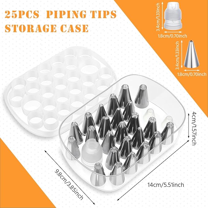 Piping Tip Organizers Box 27 Grids Storage Container Box with 25 Pcs Seamless Piping Tips 2 Adapters Baking Organizer Compartment for Stainless Steel Nozzles Tip Cake Decorating Tools Jewelry Beads
