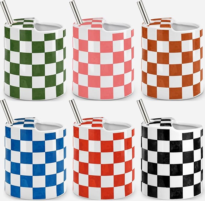 6 Pack Checkered Ceramic Coffee Mug with Sip Hole 10 oz Espresso Cup with Straws Retro Hand Painted Checkered Porcelain Coffee Tea Cup Cappuccino Latte Mug for Kitchen Dining Travel by Unknown