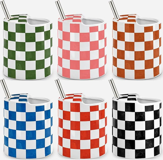 6 Pack Checkered Ceramic Coffee Mug with Sip Hole 10 oz Espresso Cup with Straws Retro Hand Painted Checkered Porcelain Coffee Tea Cup Cappuccino Latte Mug for Kitchen Dining Travel by Unknown